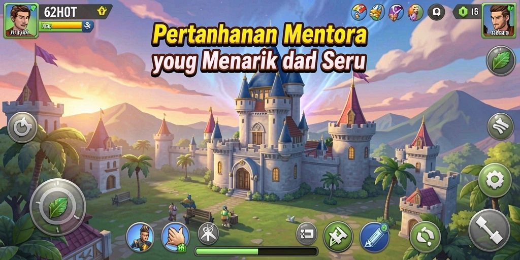 Screenshot utama 62HOT menampilkan aksi pertahanan menara yang intens dan menantang.