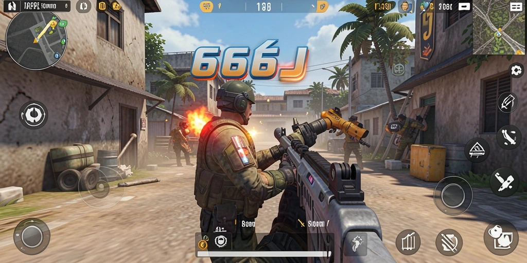 Screenshot utama 666J menunjukkan aksi pertempuran yang mendebarkan.