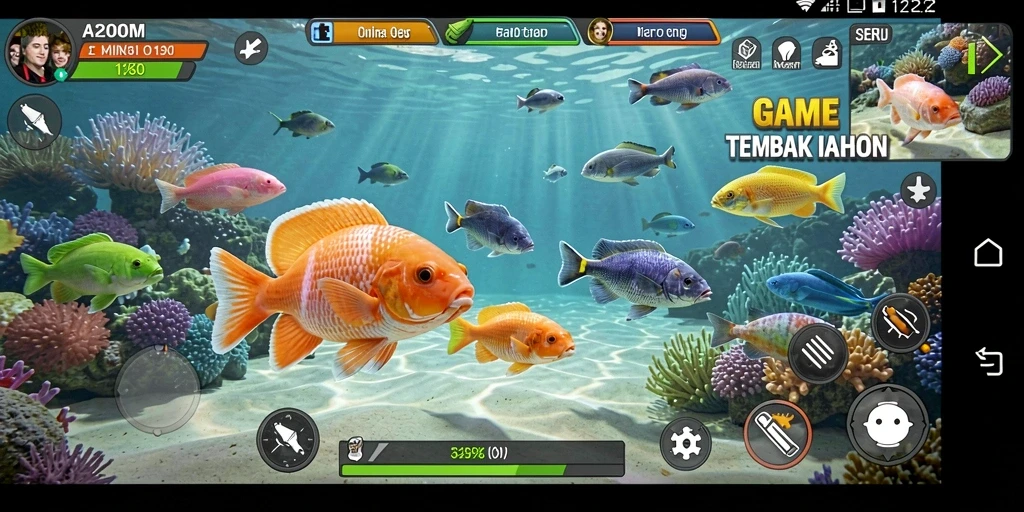 Screenshot menunjukkan aksi menembak ikan di lautan biru yang cantik.