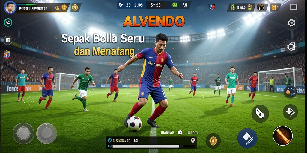 Tangkapan layar gameplay seru dari ALVENDO, menampilkan aksi di lapangan sepak bola.