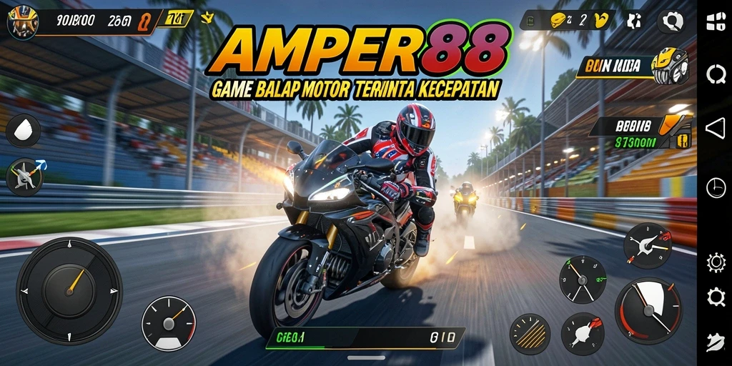Tampilan gameplay seru dari balapan motor di AMPER88.
