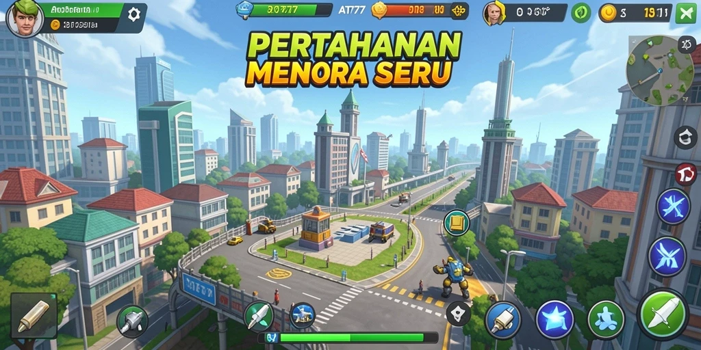 Tampilan seru gameplay Tower Defense di AT777 dengan berbagai menara dan musuh.