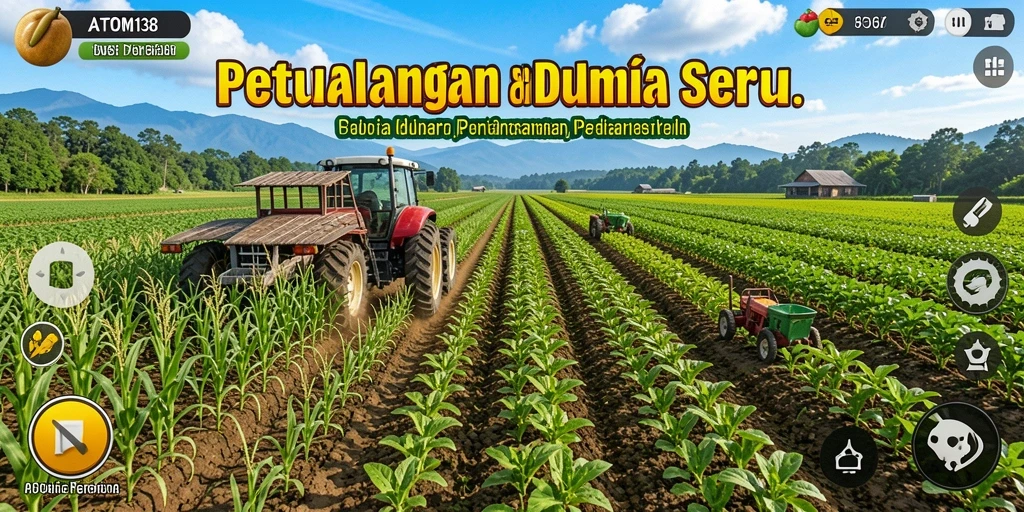 Tangkapan layar ATOM138 menampilkan ladang pertanian yang subur dan aktif.