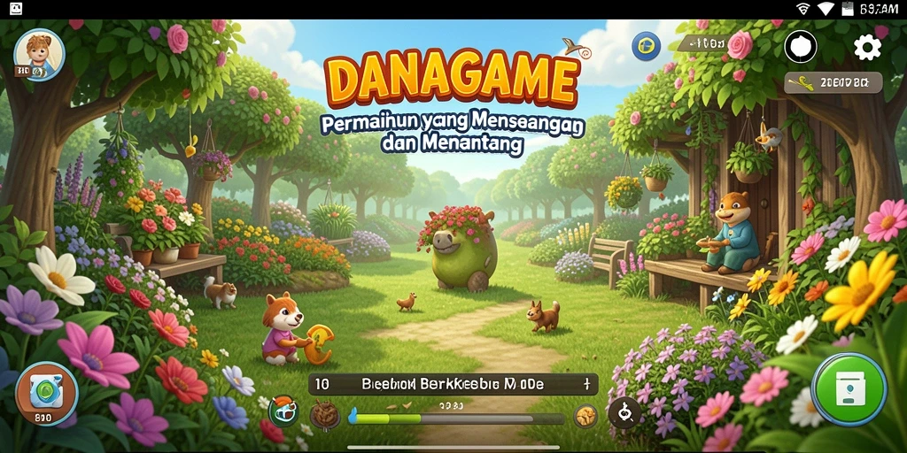 Tampilan gameplay DANAGAME dengan kebun yang indah dan aktivitas berkebun.