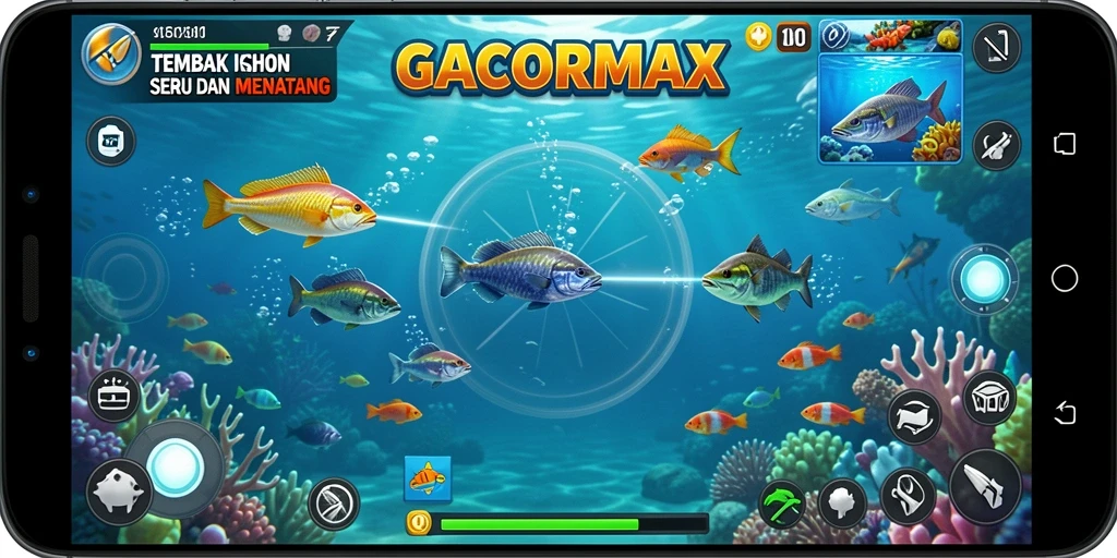 Screenshot utama GACORMAX menampilkan momen seru menangkap ikan di lautan.