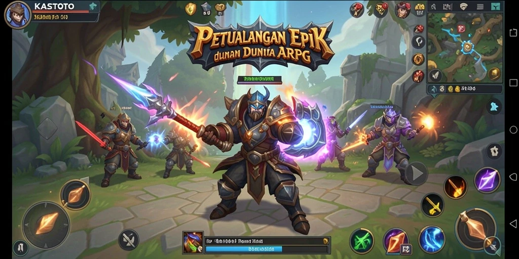 Tampilan gameplay KASTOTO dengan karakter dan lingkungan yang berwarna.