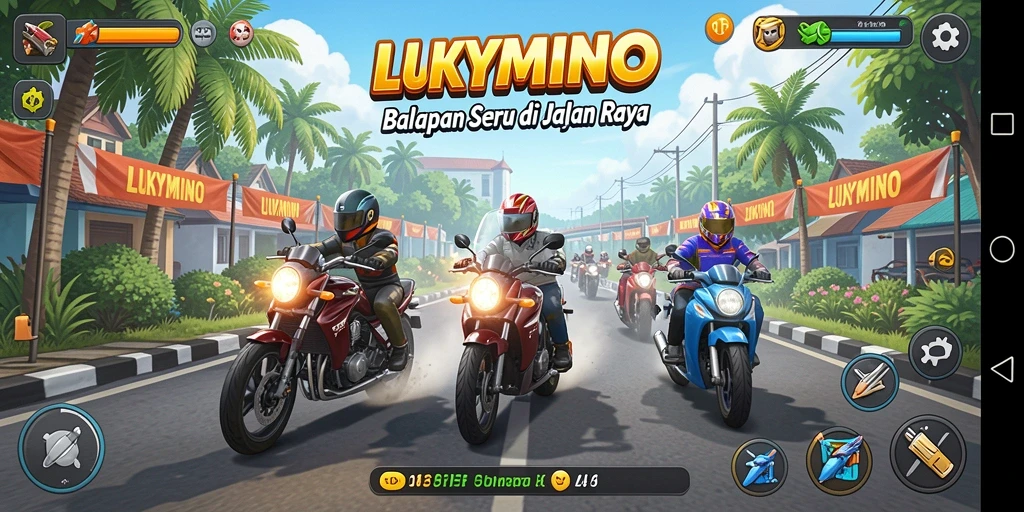 Tampilan gameplay seru LUKYMINO dengan balapan mobil cepat.