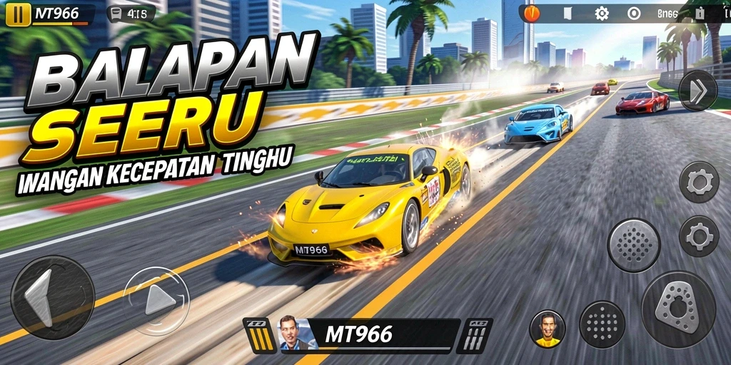 Tampilan gameplay MT966 dengan mobil balap di lintasan yang menantang.