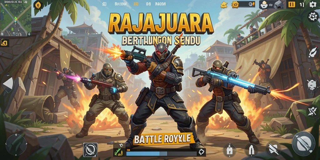 Screenshot utama RAJAJUARA menampilkan pertempuran intens di medan perang Battle Royale.