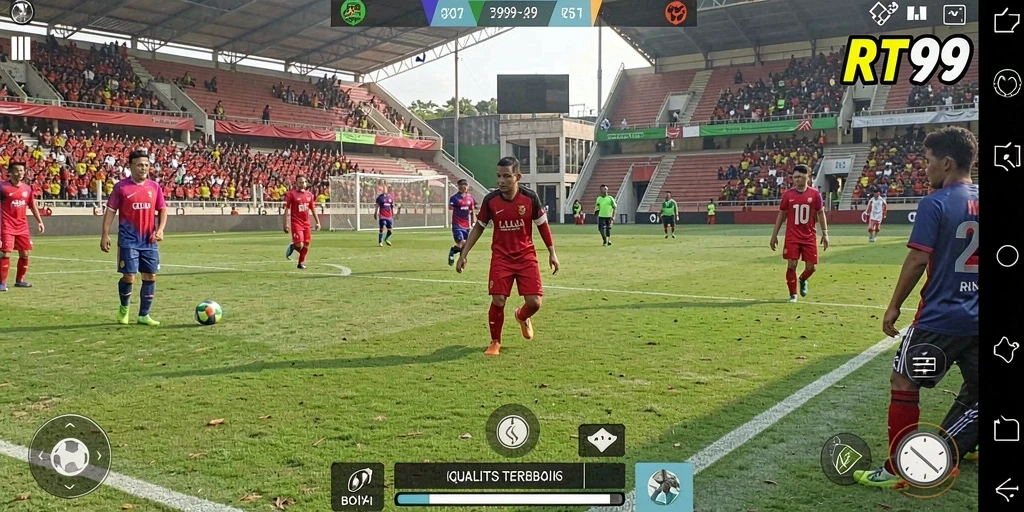Gameplay RT99 menyajikan aksi sepak bola yang mendebarkan.
