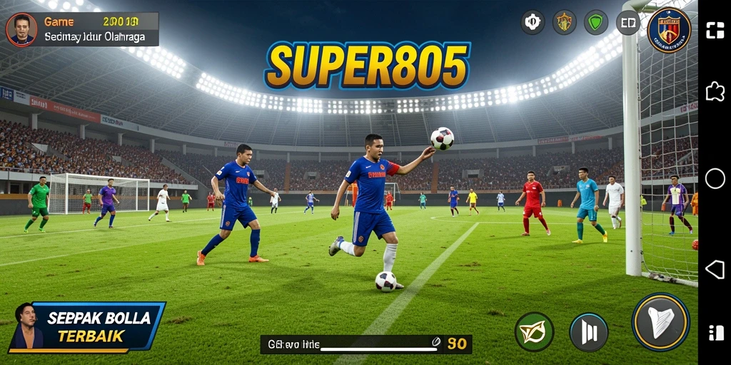 Screenshot gameplay SUPER805 yang menampilkan aksi sepak bola yang mendebarkan.