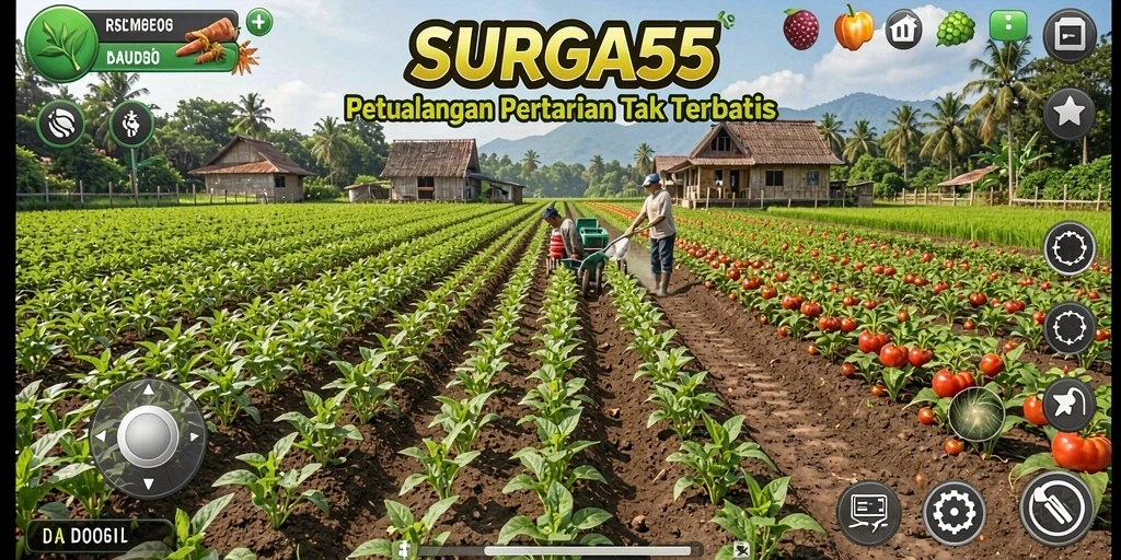 Tampilan gameplay SURGA55 dengan ladang berwarna-warni dan hewan peliharaan.